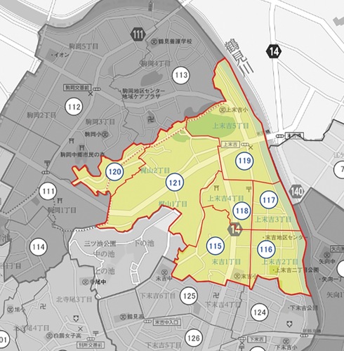 ◆地区内自治会名の一覧（画像は鶴見区自治連合会ホームページより）115上末吉一丁目町会　116上末吉二丁目町会　117上末吉三丁目町内会　118上末吉四丁目町会　119上末吉五丁目町会　120梶山自治会　121上末吉三ツ池町会