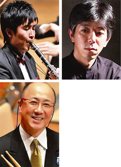 演奏する齋藤さん（左）、高群さん（右）、平尾さん（下）
