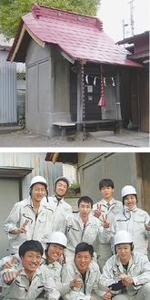 完成した日枝神社（上）と「伝統建築班」のメンバー