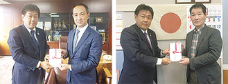 渡邉理事長（右）から澤田市議会議長（左から２番目）へ届けられた義援金