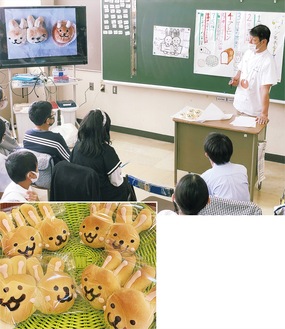 商品化に向けて高崎さんと話し合う児童（上）と、完成したパン