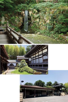 (上写真）本堂奥の滝、（中写真）季節感ある美しい庭園、（下写真）開放感ある第一斎場