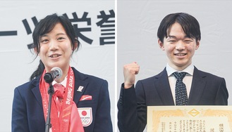 賞状を手に喜ぶ鍵山選手（右）と北京五輪を振り返る高木選手