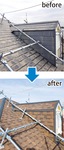 古くなった屋根（上）が新品同様（下）になるカバー工法