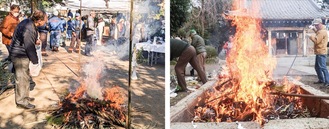 八幡神社で勢いよく燃える炎（右）、三ツ沢上町公園の様子＝同町会提供