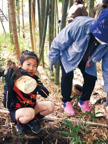 顔より大きいタケノコを掘り当て喜ぶ子ども