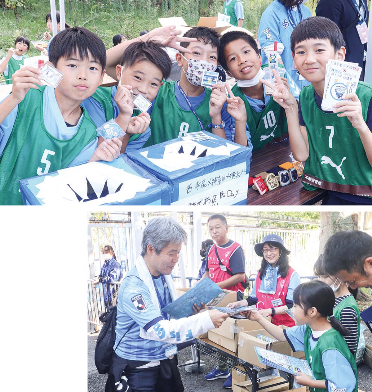 リーフレットを手渡す児童（右）と、オリジナルグッズを手に笑顔の児童たち（上）
