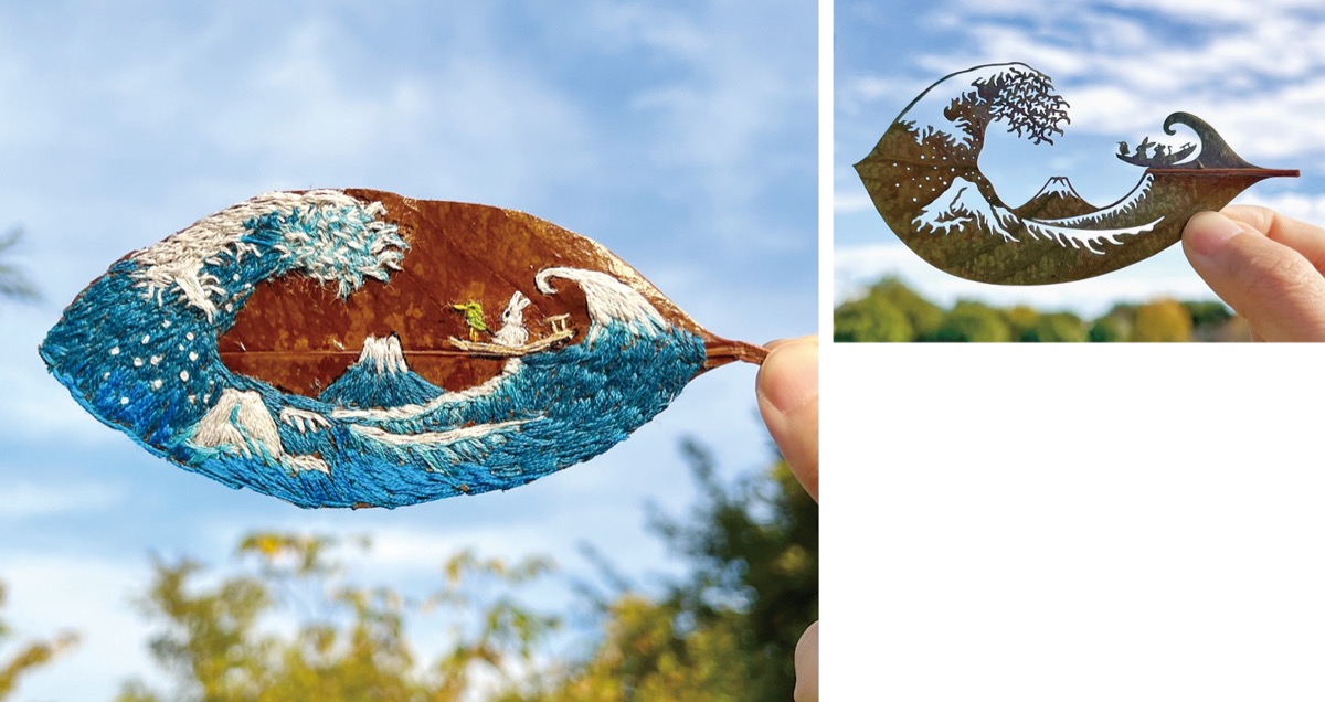 葉っぱ刺繍と葉っぱ切り絵。親子の作品を並べて展示（富嶽三十六景神奈川沖浪裏）