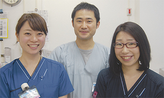 左から助産師の永野智草さん、産科医師の名古崇史さん、後藤淳子副師長