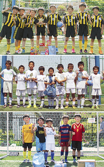 各クラスで優勝した「Ｈｉｓａｍｏｔｏ　ＳＣ」「池尻ジュニアフットボール」「ドミンゴ」のメンバー（上から）