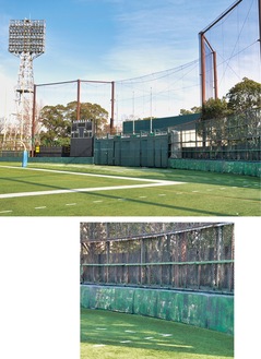川崎球場時代から残る外野フェンスと照明フェンスには当時の企業名がうっすら残る