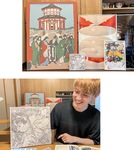 ジャケ絵の原画を手にする日吉さん（左）と、作品の数々（上）