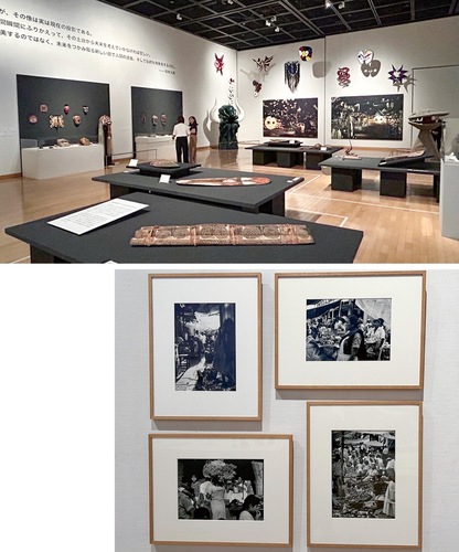 （上）パプアニューギニアの武具など国内外の仮面や神像を展示する企画展会場（下）岡本が国内外で撮影した写真