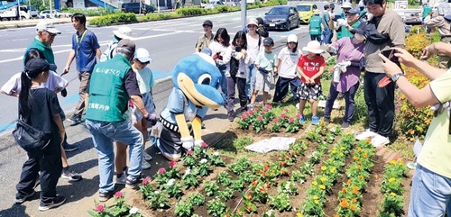 ふろん太も花苗の植栽に協力した
