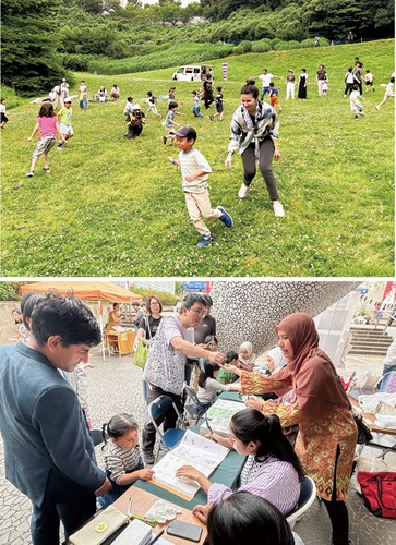 （写真上）「しっぽとり」で芝生を走り回る参加者たち（写真下）ヘナアートのブースで顧客対応する林さん（右）