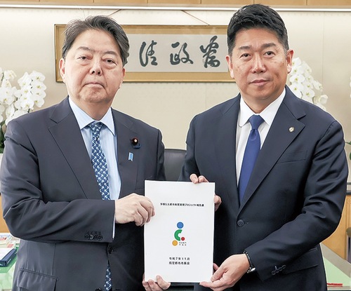 福田市長（右）と林総務大臣（川崎市提供）