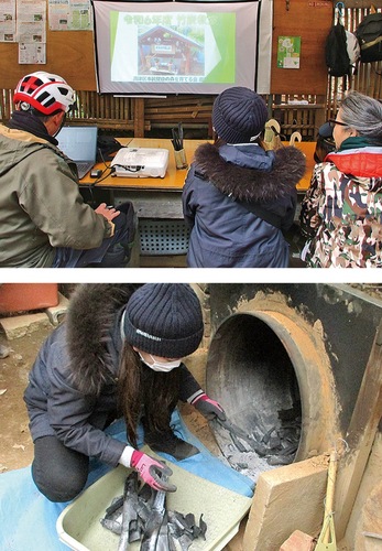 座学（上）と窯出し作業の様子（下）