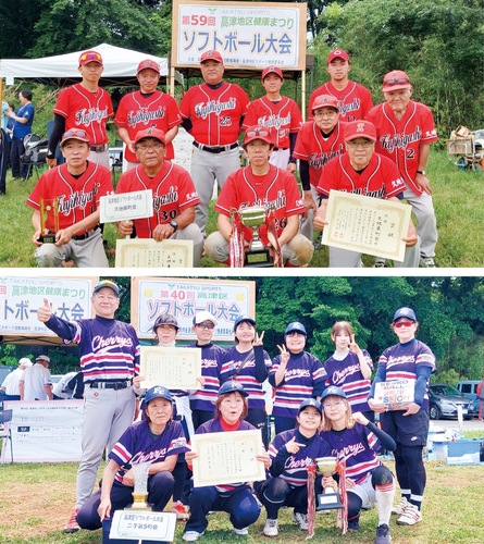 優勝を果たした久地東町会（上）と二子第５町会のメンバーら＝高津区役所写真提供