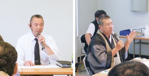 参加者の質問に対応する川畑代表（左）と大橋住職