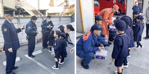 高津署、消防署員とふれあう園児ら