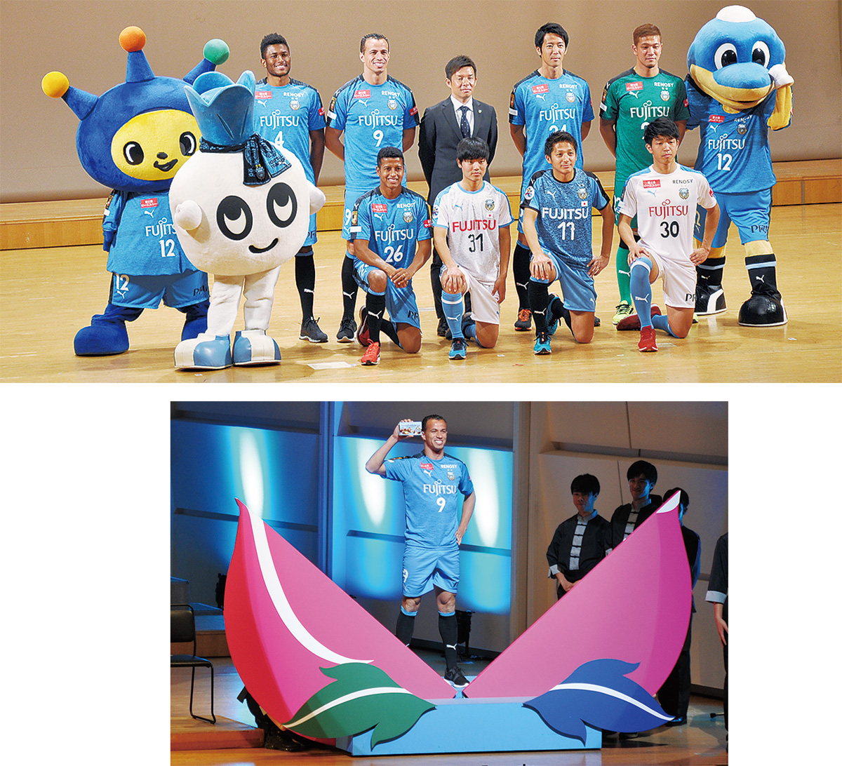 （上）記念写真におさまる新加入選手ら（右）中華料理店「バーミヤン」の桃から登場したレアンドロ・ダミアン選手