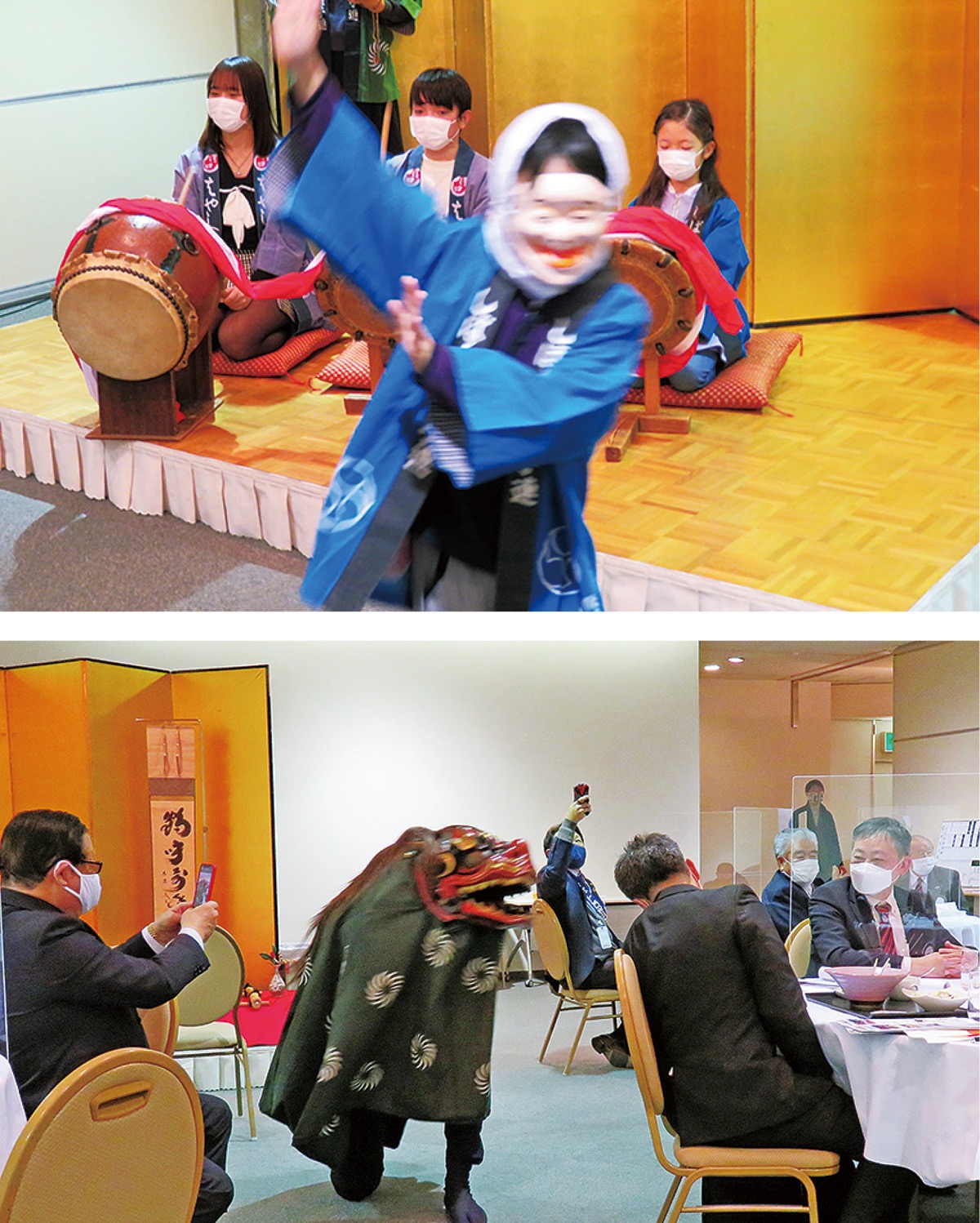 笛や太鼓にあわせ獅子舞などが会場を盛り上げた