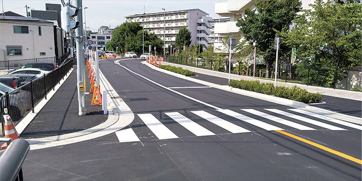 旧道との合流地点（奥側）に移転が想定されている鷹巣橋そばの横断歩道