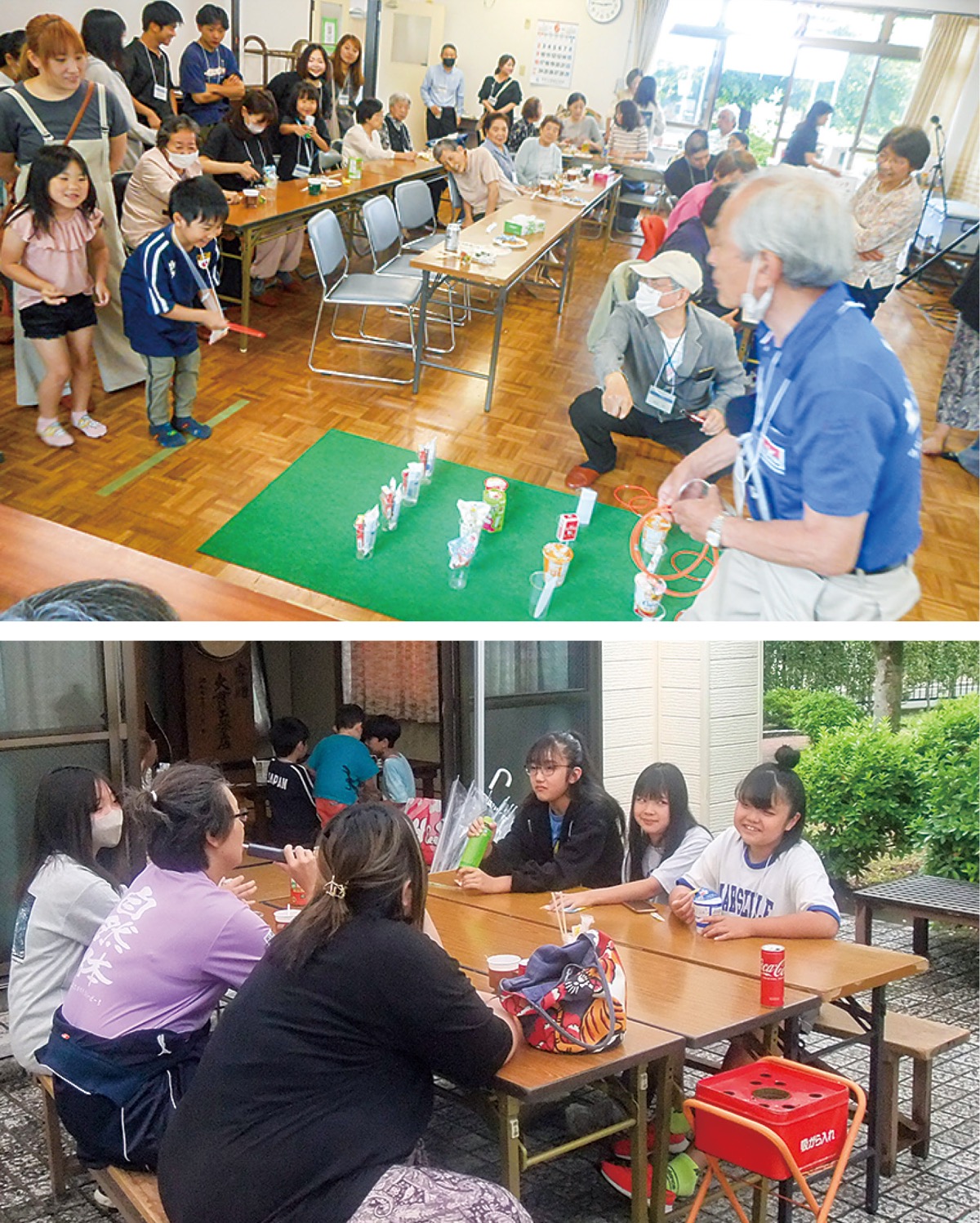 カラオケや輪投げなどのゲーム大会で盛り上がったほか、中庭では談笑する参加者も