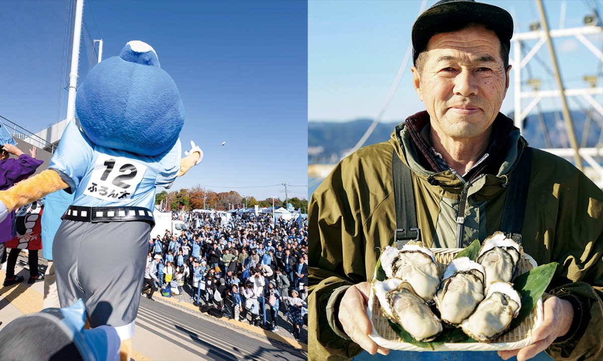 「餅まき」（左）と大和田家の牡蠣