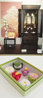写真上：季節のしつらい例。豪華な仏壇もセール対象に！下：布で作った和菓子は傷む心配がなくお供物に人気