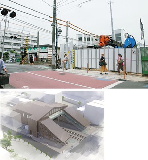 工事が進む稲田堤駅南側（上・今月撮影）、北西から見た完成予想図＝市提供