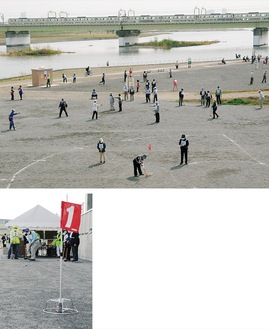 会場となった河川敷(上)､ゼッケン番号１の参加者がボールを打つ第１ホール