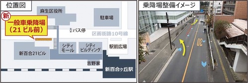 新しい乗降スペースの位置図（左）と整備イメージ＝市発表資料より