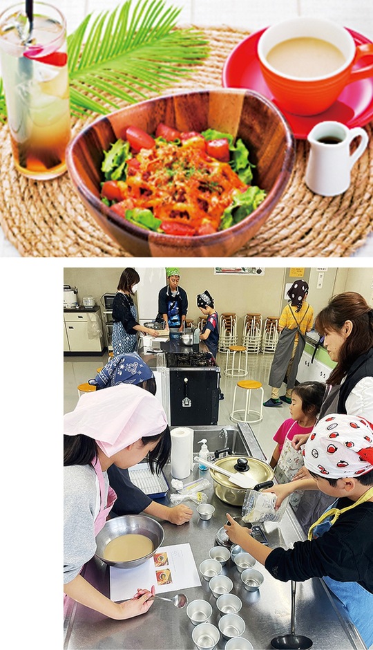 ㊤実際に提供されているメニュー＝エルミロード提供、㊦プリンの試作をする子どもたち＝今井代表提供