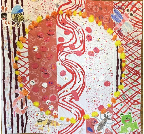 静脈や動脈などを絵具や絞り染めで表現し、完成させた５m四方の大きな絵