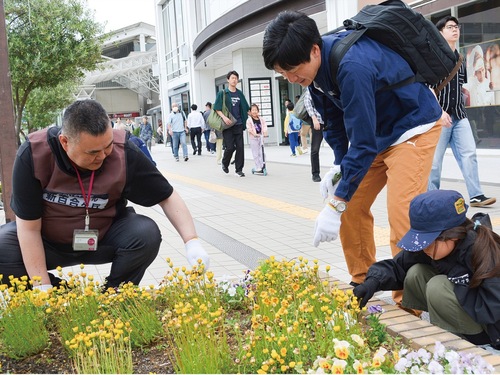 花の植え替えを行う参加者たち