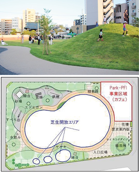 ㊤開放された芝生エリア ㊦公園全体図＝市発表資料より