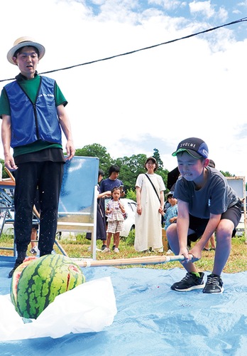 スイカ割りに挑戦した児童