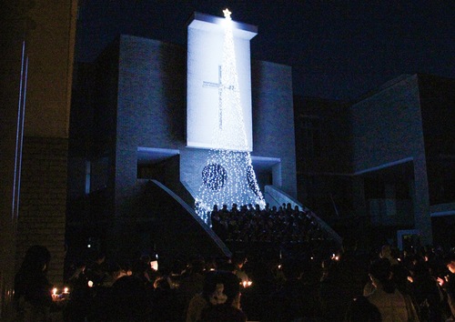 参加者が神への祈りを捧げる中、ともされる純白のイルミネーション