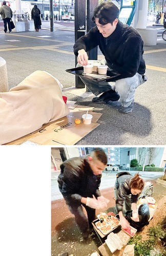 （上）「夜回り」で食事を配る濱野さん（右）食事を用意する仲間たち