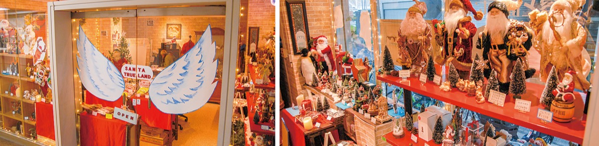 天使の羽が目印の入口(左)、世界から集めたサンタクロースのコレクション