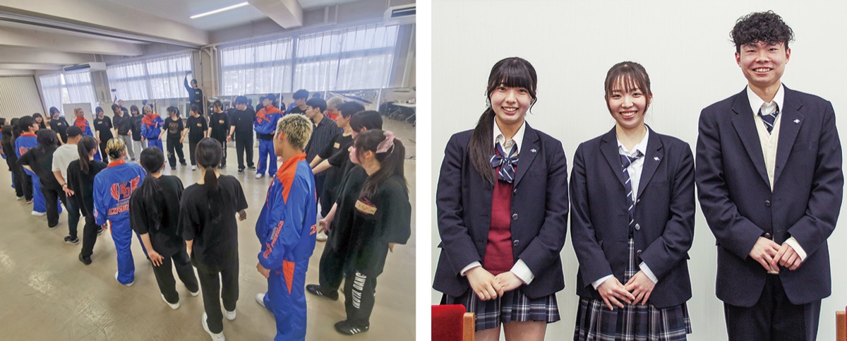 ㊧全員で円陣㊨左から朝倉さん、内山さん、鈴木さん