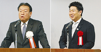 挨拶を行う鈴木理事長（左）と福田市長（右）