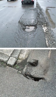 舗装の剥がれ（上）や道路の陥没（下）の一例