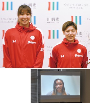 参加した宮澤選手(左上)と町田選手／ビデオメッセージを寄せたオコエ選手
