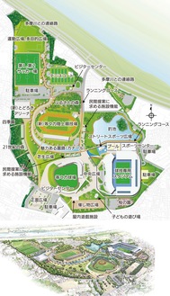 将来的な公園のイメージ図（上）と公園全体を上から見た外観図。球技専用スタジアムの北側に、室内プールやストリートスポーツ広場を整備予定＝いずれも川崎市提供