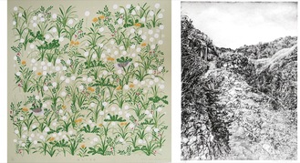 市野さんの石版画「山を越える」２０２０年（右）、二井矢さんのシルクスクリーン「綿毛の季節」２０２１年