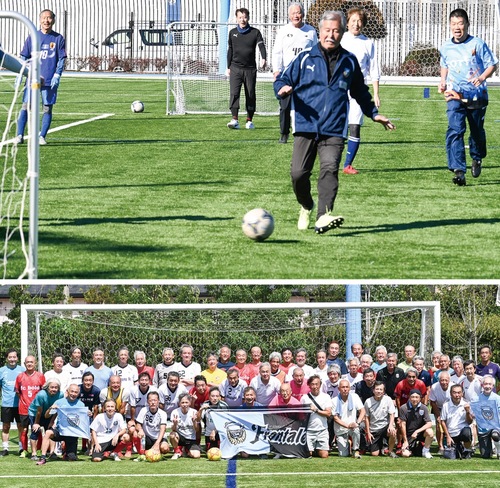 ㊤はつらつとプレーする参加者㊦９月13日に初開催された大会「over60フロンタウンカップ」＝いずれも©川崎フロンターレ