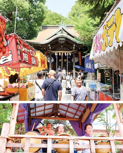 屋台が並ぶ住吉神社の境内（上）と祭りばやし