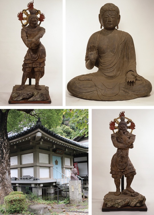 左上から時計回りに木造・十二神将立像（丑神将）、木造釈迦如来像、木造・十二神将立像（巳神将）、本堂の隣に建つ宝仏殿